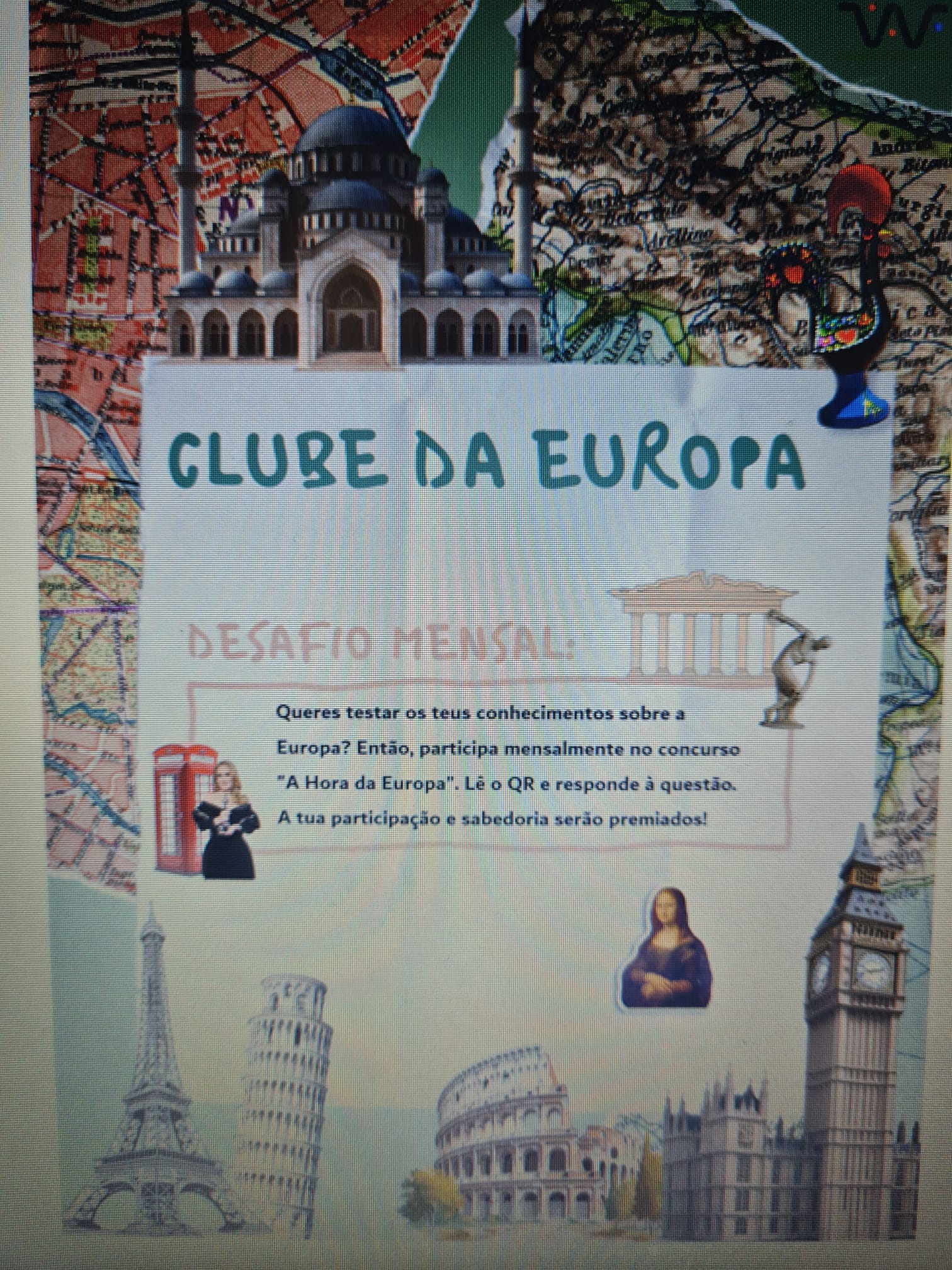 As coordenadoras do Clube da Europa convidam-te a participar, todos os meses, no desafio “A Hora da Europa”. Participa e, no final do ano, poderás ser um dos contemplados com um prémio, a atribuir ao aluno com maior número de respostas corretas.